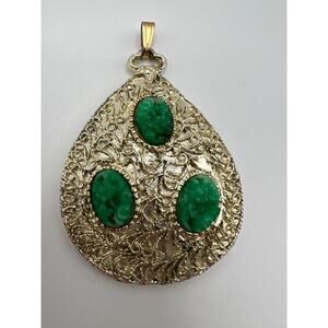 Teardrop Boho Pendant Faux Jade‎ Accents Gold Tone Style Large textured Moroccan
